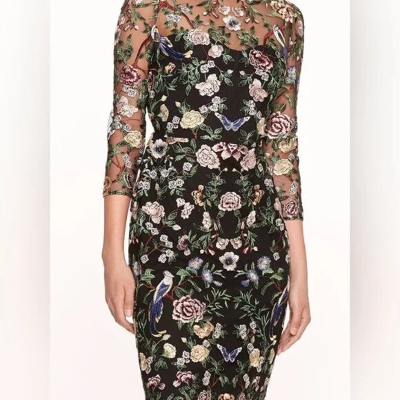 NWT Marchesa Notte Floral Embroidered On Tulle Midi Dress Size 10 - Picture 3 of 7